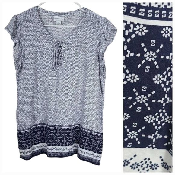 Liz Claiborne Blue Flutter Sleeve Border Print Lace Up Blouse Medium Tunic Top - Picture 1 of 8